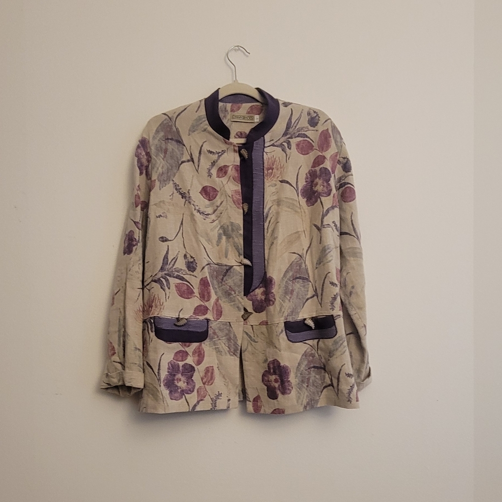 vintage canvas floral purple and green top with leaf buttons